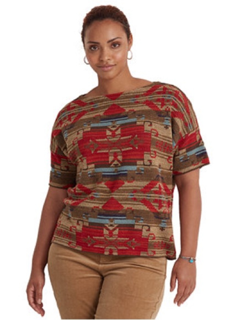 Ralph Lauren Short Sleeve Aztec Print Top in Red, Tan and Blue